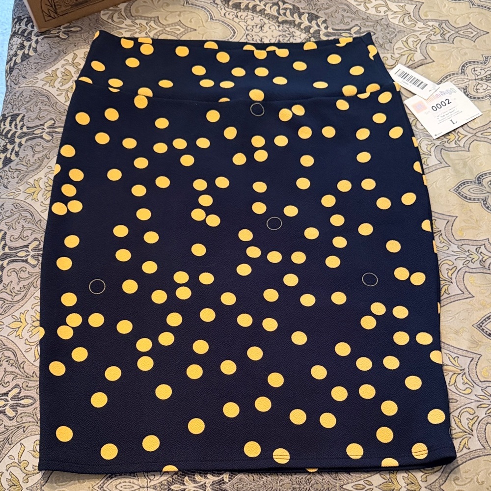 LuLaRoe Dark Blue and Dark Yellow Polka Dot Cassie Pencil Skirt